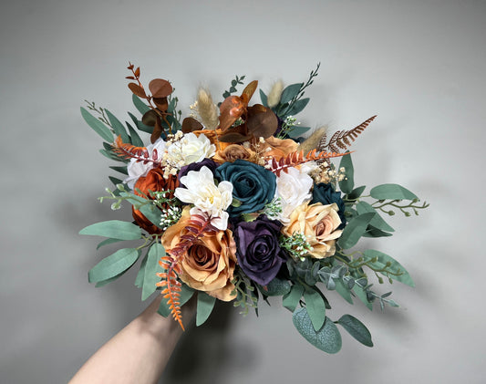 Wedding Dark Teal Bouquet Rust Orange Bridal Purple Bridesmaids Bouquet Terracotta Dark Purple Artificial Flowers Dark Teal White