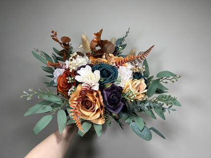 Wedding Dark Teal Bouquet Rust Orange Bridal Purple Bridesmaids Bouquet Terracotta Dark Purple Artificial Flowers Dark Teal White