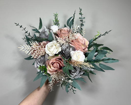 Wedding Bouquet Grey Bridal Dusty Rose Bouquet White Bridesmaids Grey Bouquet Dusty Rose Decor Ivory Artificial Flower