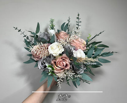 Wedding Bouquet Grey Bridal Dusty Rose Bouquet White Bridesmaids Grey Bouquet Dusty Rose Decor Ivory Artificial Flower