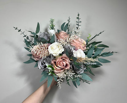 Wedding Bouquet Grey Bridal Dusty Rose Bouquet White Bridesmaids Grey Bouquet Dusty Rose Decor Ivory Artificial Flower