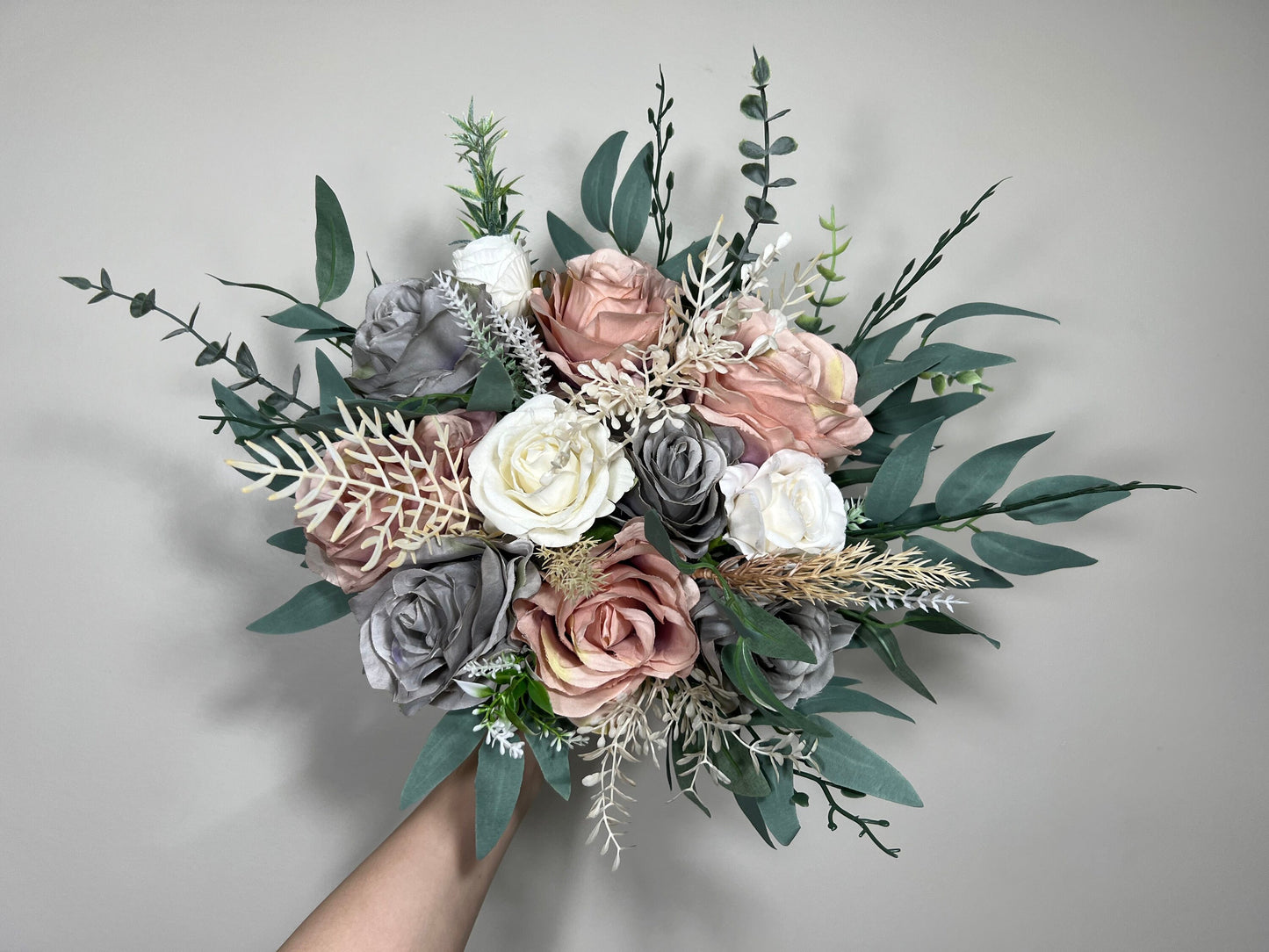 Wedding Bouquet Grey Bridal Dusty Rose Bouquet White Bridesmaids Grey Bouquet Dusty Rose Decor Ivory Artificial Flower