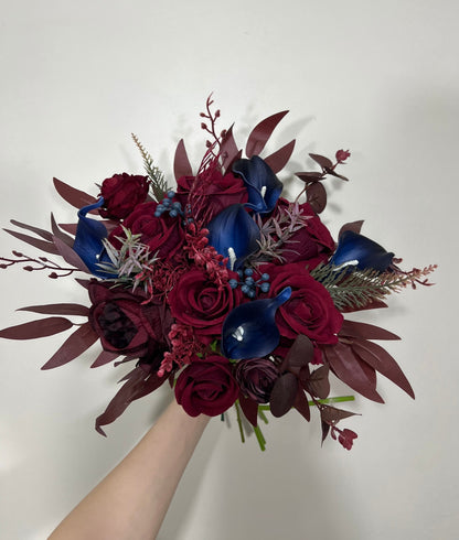 Wedding Bouquet Burgundy Navy Blue Bridal Bouquet Burgundy Calla Lily Navy Blue Bridesmaids Bouquet Navy Calla Artificial Flower