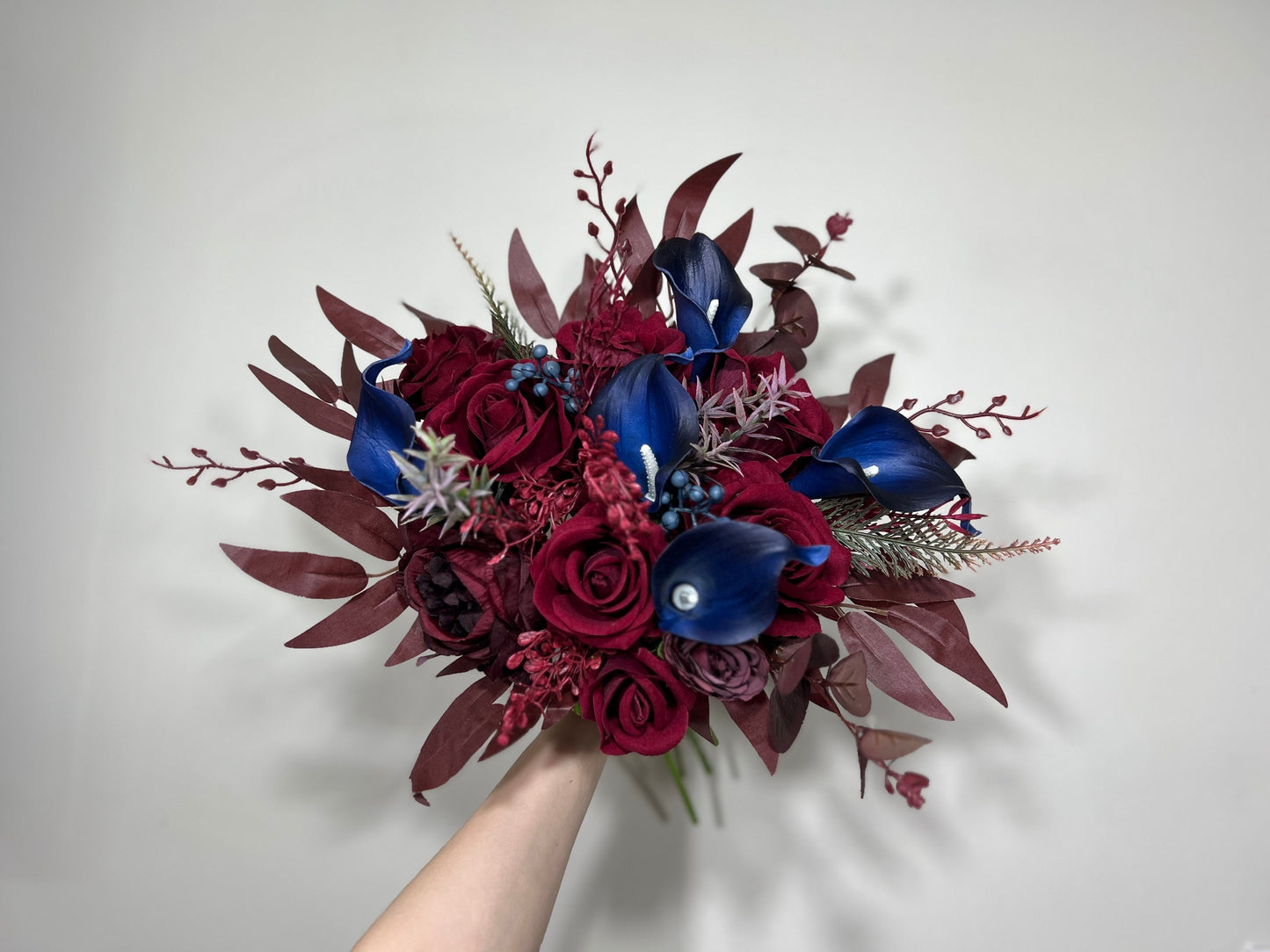 Wedding Bouquet Burgundy Navy Blue Bridal Bouquet Burgundy Calla Lily Navy Blue Bridesmaids Bouquet Navy Calla Artificial Flower