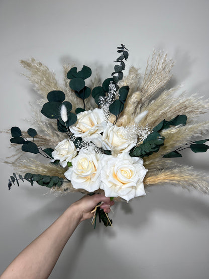 Wedding White Bouquet Bridal Boho Bouquet Pampas Grass Eucalyptus Bouquet Greenery Ivory Bridesmaids Bouquet Emerland Dried Flower