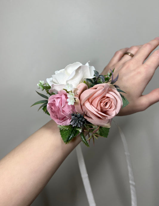 Wedding Corsage Pink Wedding Wrist Corsage White Bridesmaids Decor Corsage Ivory Corsage White Accessories Dusty Rose Artificial Flowers