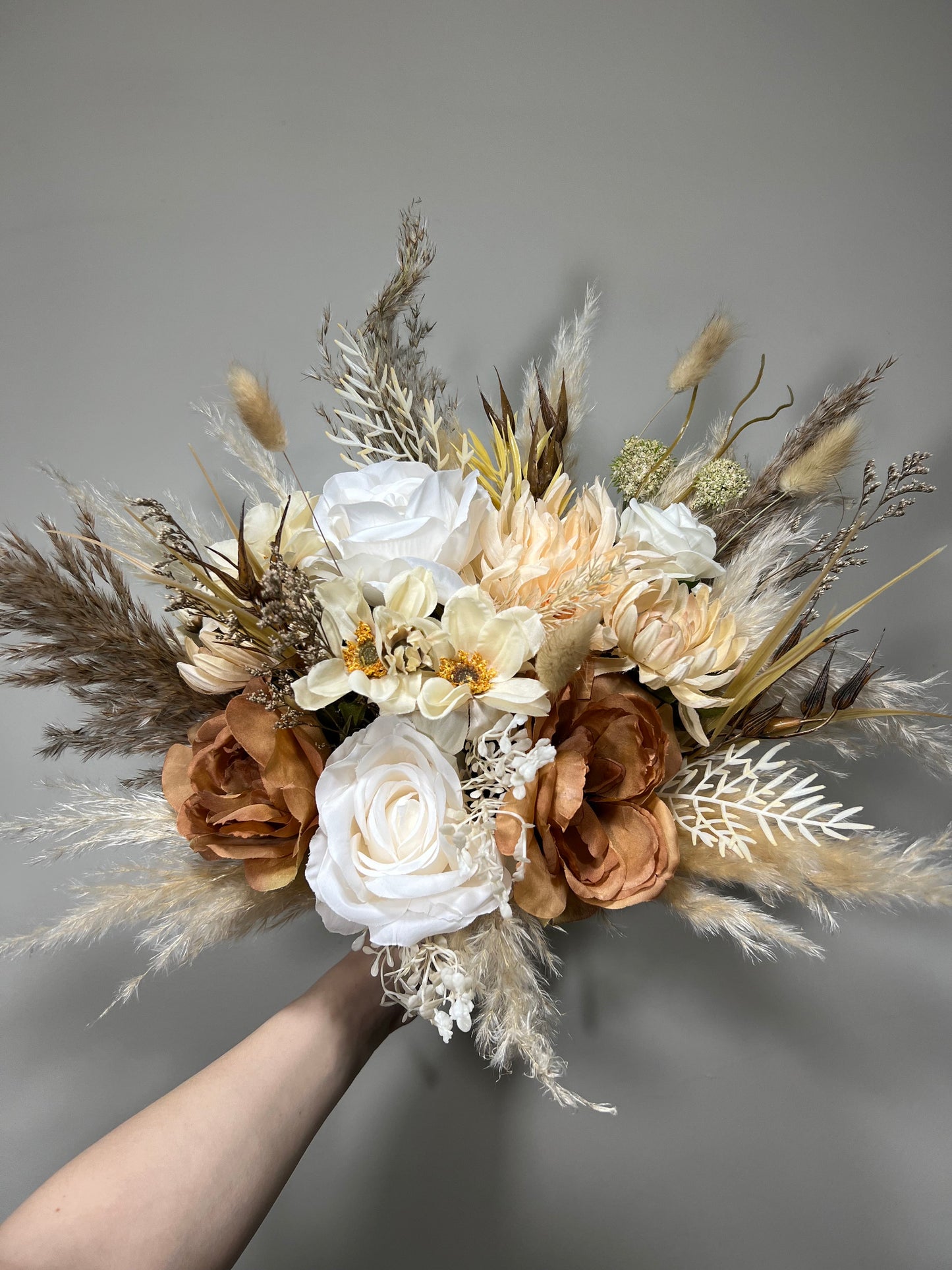 Wedding White Bouquet Boho Brown Bridesmaids Bouquet Pampas Grass Cinnamon Bouquet Beige Ivory Brown Bouquet Artificial Flower