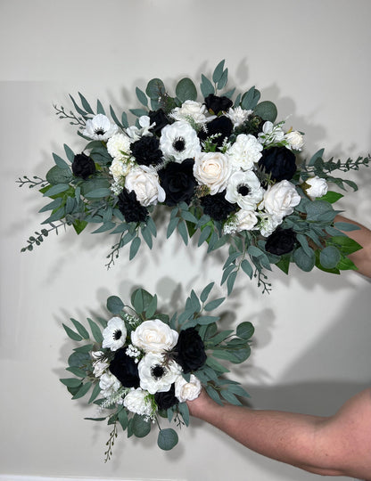 Wedding Black and White Corner Arch Arrangement Corner Anemone Arch Arrangement Ivory Black White Artificial Flower Eucalyptus Sage