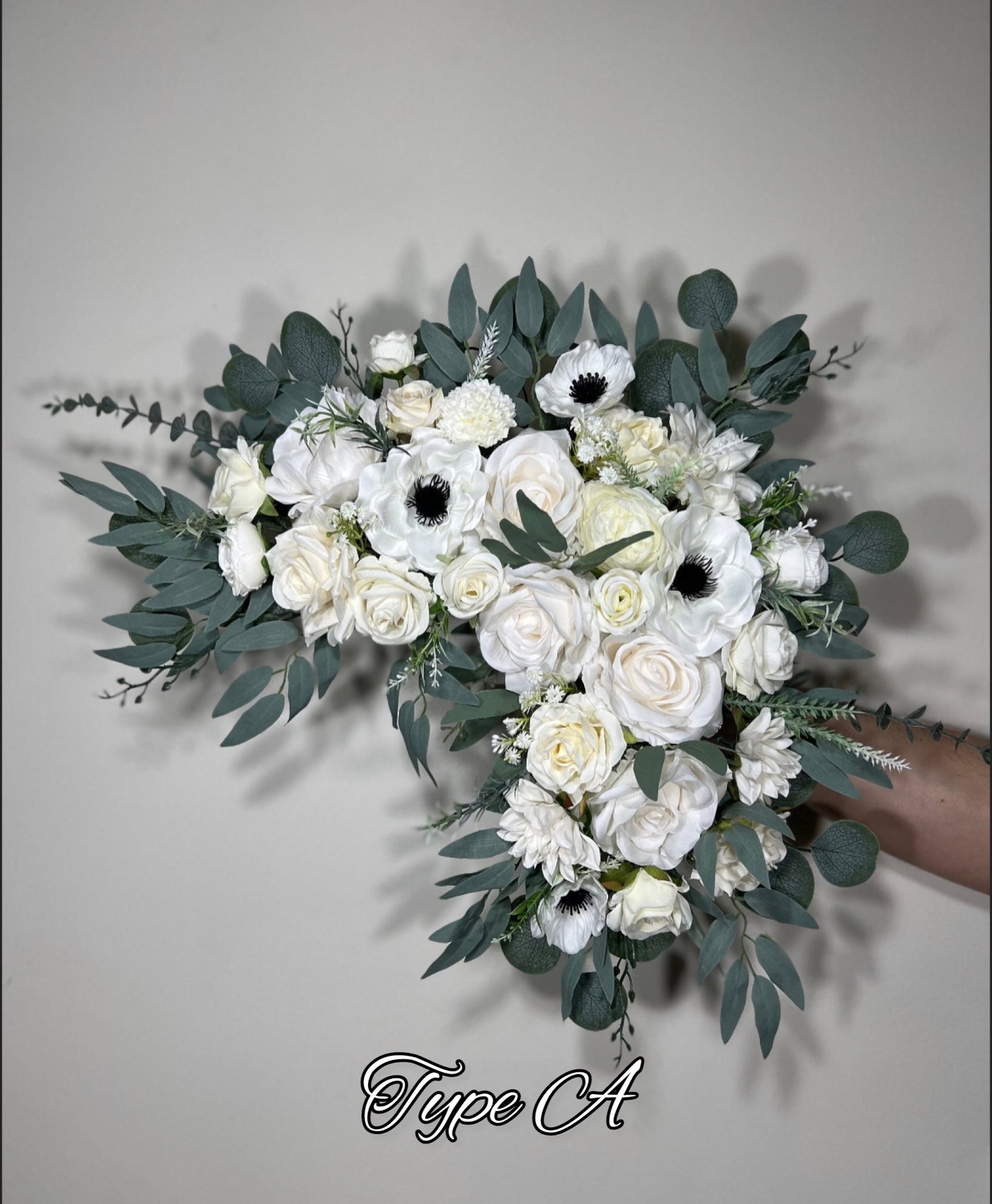 Wedding Black and White Corner Arch Arrangement Corner Anemone Arch Arrangement Ivory Black White Artificial Flower Eucalyptus Sage