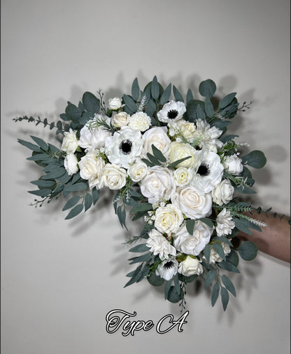 Wedding Black and White Corner Arch Arrangement Corner Anemone Arch Arrangement Ivory Black White Artificial Flower Eucalyptus Sage