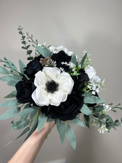 Wedding Bouquet White Anemone Bridal Bouquet Bridesmaids Wedding Black Anemone Bouquet Greenery Ivory Anemone Eucalyptus Artificial Flowers