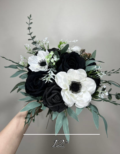 Wedding Bouquet White Anemone Bridal Bouquet Bridesmaids Wedding Black Anemone Bouquet Greenery Ivory Anemone Eucalyptus Artificial Flowers