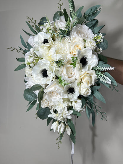 Wedding Cascade Bouquet White Anemone Bridal Cascading Bouquet Anemone Ivory Sage Anemone Bridesmaids Bouquet Eucalyptus Artificial Flower