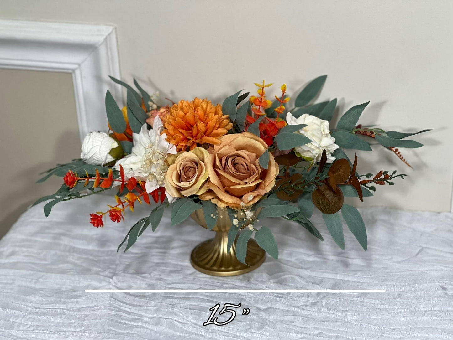 Wedding Centerpiece Terracotta Table Decor White Centerpiece Burnt Orange Table Rust Centerpiece Eucalyptus Gold Vase Artificial Flower