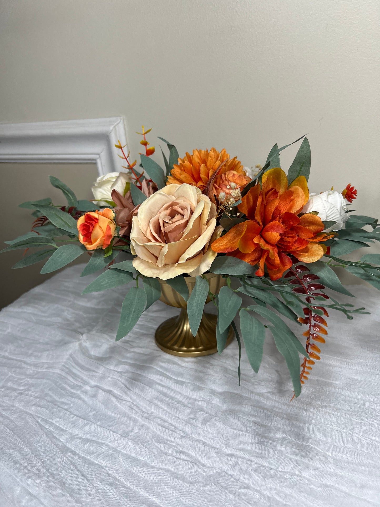 Wedding Centerpiece Terracotta Table Decor White Centerpiece Burnt Orange Table Rust Centerpiece Eucalyptus Gold Vase Artificial Flower