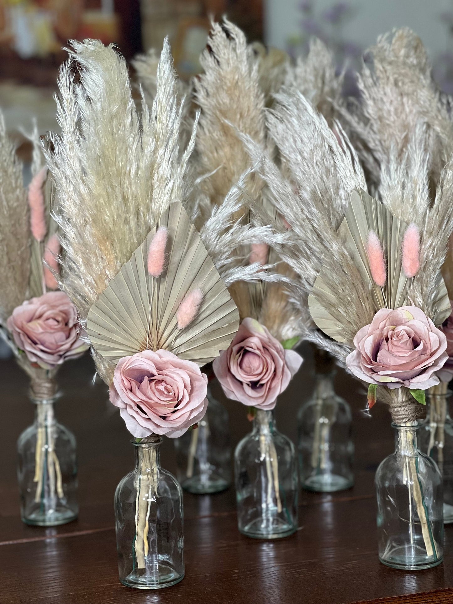 Wedding Centerpiece Dusty Rose Boho Table Decor Centerpiece Palms Leaves Pampas Grass Dusty Rose Artificial Flower Table Centerpiece Small