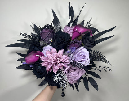 Wedding Bouquet Black Purple Bridal Gothic Bouquet Black Dark Purple Bridesmaids Bouquet Black Purple Calla Lily Artificial Flower