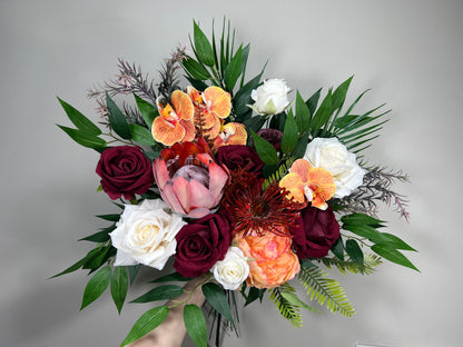 Wedding Bouquet Tropical Bridal White Orchid Bridesmaids Bouquet Protea Burgundy Orange Orchid Protea Ivory Artificial Flower