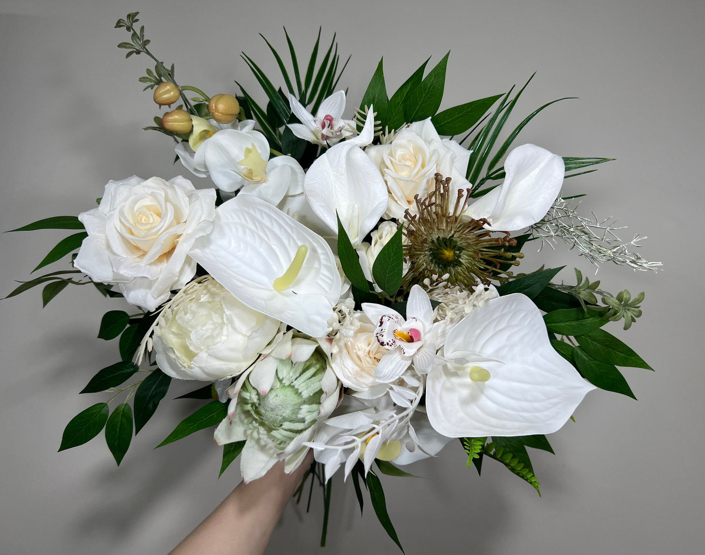 Wedding Bouquet White Bridal Orchid Bridesmaids Bouquet White Protea Calla Lily Ivory Orchid Protea Tropical Anthurium Artificial Flower