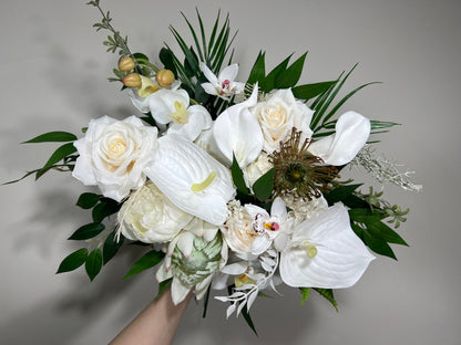 Wedding Bouquet White Bridal Orchid Bridesmaids Bouquet White Protea Calla Lily Ivory Orchid Protea Tropical Anthurium Artificial Flower