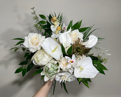 Wedding Bouquet White Bridal Orchid Bridesmaids Bouquet White Protea Calla Lily Ivory Orchid Protea Tropical Anthurium Artificial Flower