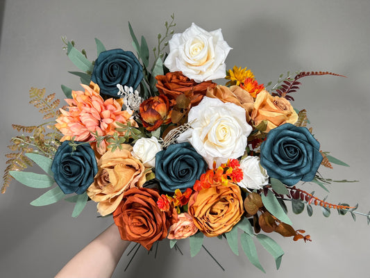 Wedding Dark Teal Bouquet Bridal Rust Terracotta Bridesmaids Burnt Orange Bouquet Teal Terracotta Artificial Flowers Bouquet