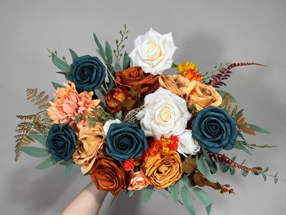 Wedding Dark Teal Bouquet Bridal Rust Terracotta Bridesmaids Burnt Orange Bouquet Teal Terracotta Artificial Flowers Bouquet