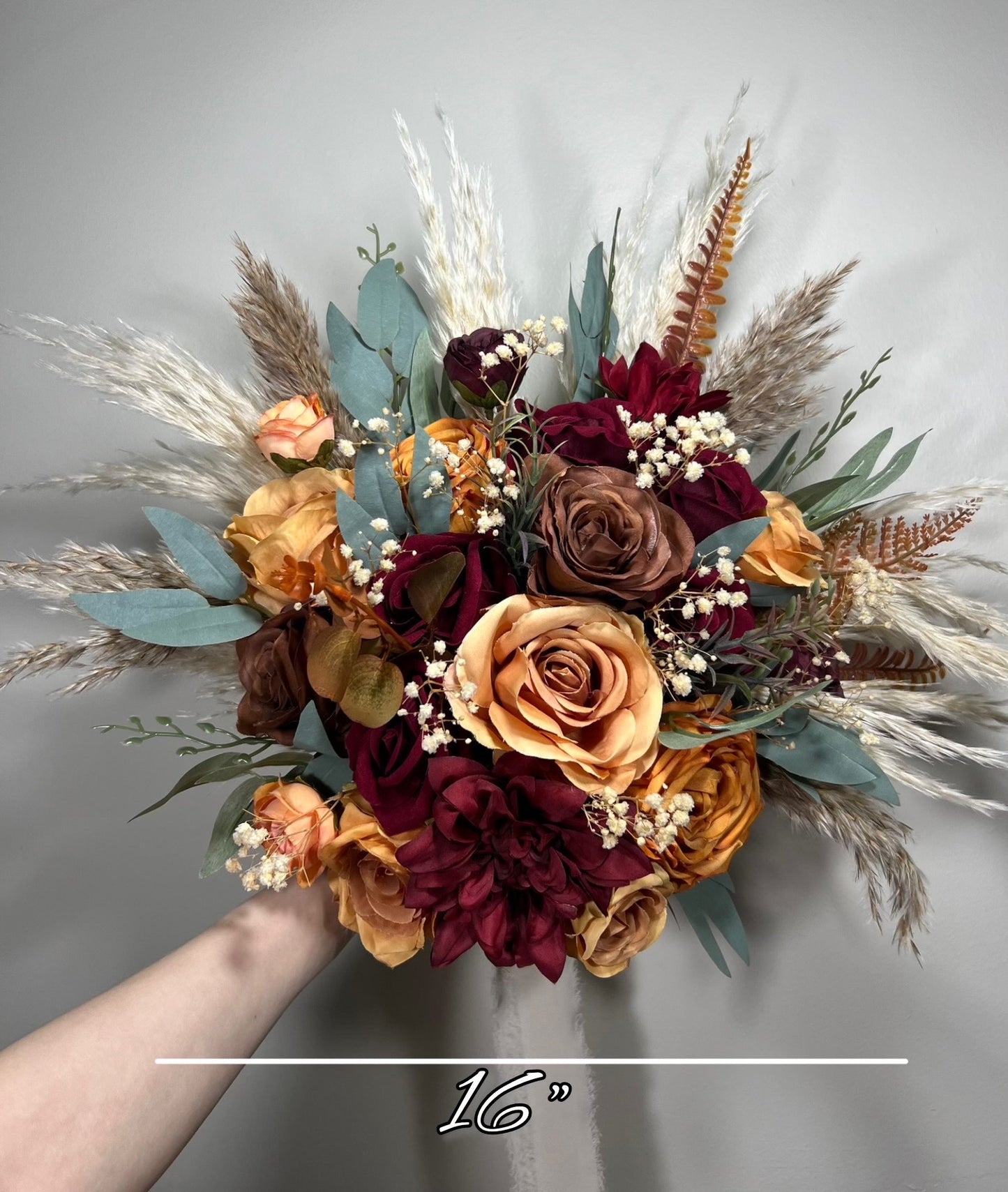 Wedding Bouquet Terracotta Rust Burgundy Burnt Orange Bouquet Bridal Fall Eucalyptus Baby Breath Pampas Grass Cinnamon Artificial Flower