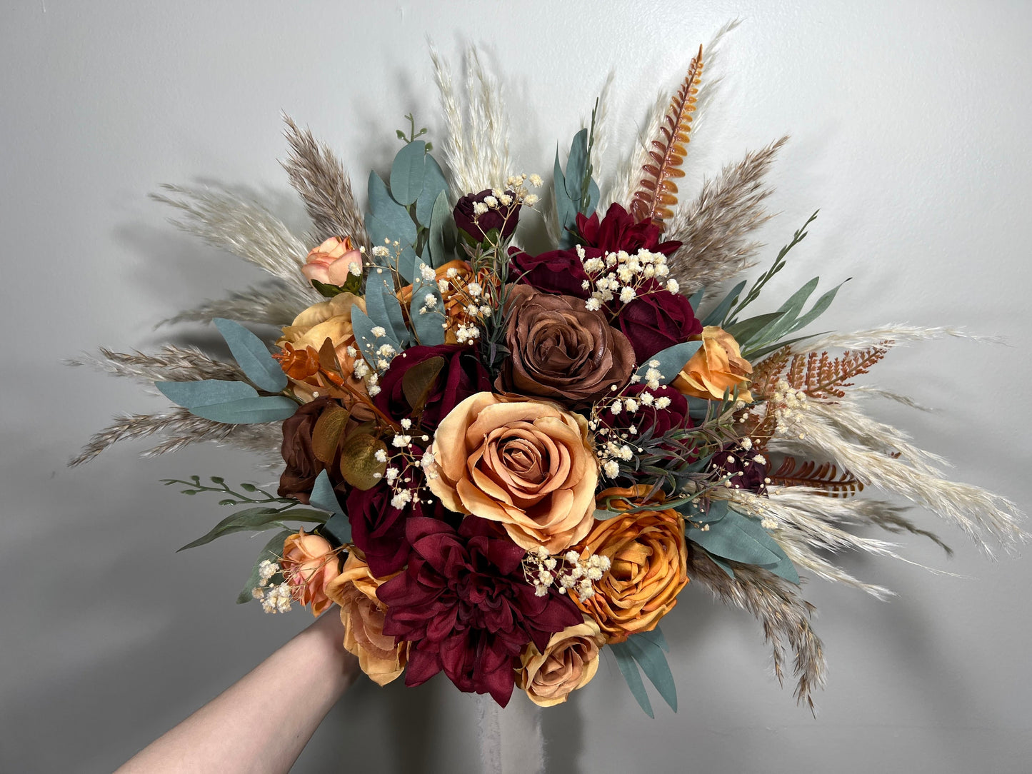 Wedding Bouquet Terracotta Rust Burgundy Burnt Orange Bouquet Bridal Fall Eucalyptus Baby Breath Pampas Grass Cinnamon Artificial Flower