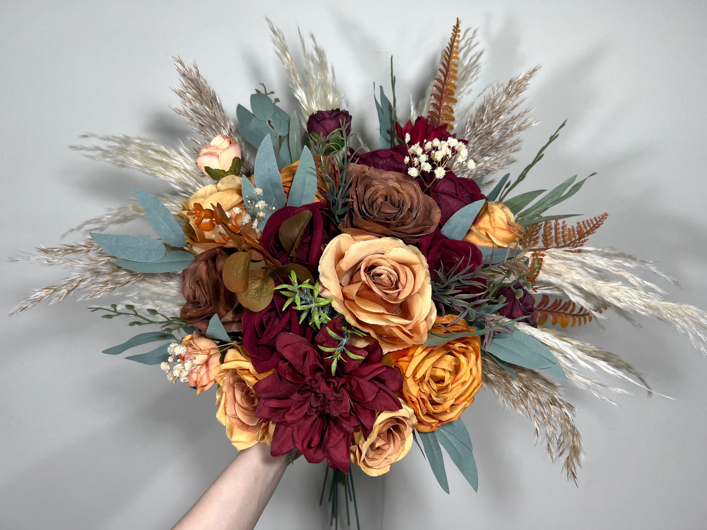 Wedding Bouquet Terracotta Rust Burgundy Burnt Orange Bouquet Bridal Fall Eucalyptus Baby Breath Pampas Grass Cinnamon Artificial Flower