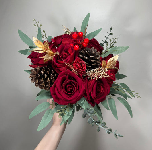 Wedding Christmas Bouquet Red Bridal Winter Bouquet Red Christmas Rustic Bridesmaids Bouquet Gold Christmas Tree Red Pine Cone