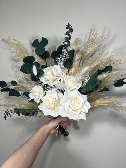 Wedding White Bouquet Bridal Boho Bouquet Pampas Grass Eucalyptus Bouquet Greenery Ivory Bridesmaids Bouquet Emerland Dried Flower