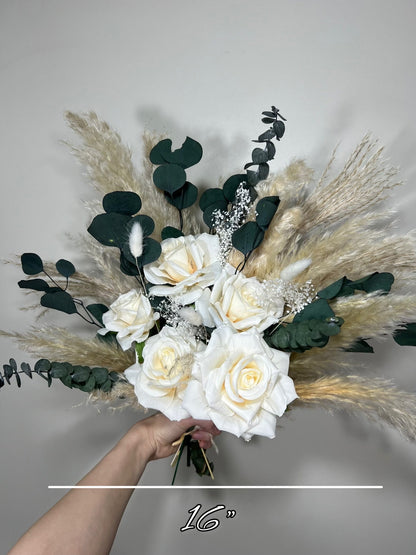 Wedding White Bouquet Bridal Boho Bouquet Pampas Grass Eucalyptus Bouquet Greenery Ivory Bridesmaids Bouquet Emerland Dried Flower