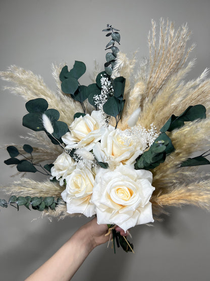 Wedding White Bouquet Bridal Boho Bouquet Pampas Grass Eucalyptus Bouquet Greenery Ivory Bridesmaids Bouquet Emerland Dried Flower