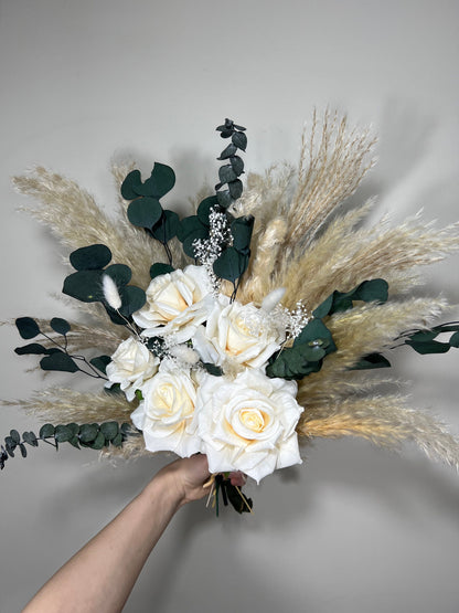 Wedding White Bouquet Bridal Boho Bouquet Pampas Grass Eucalyptus Bouquet Greenery Ivory Bridesmaids Bouquet Emerland Dried Flower