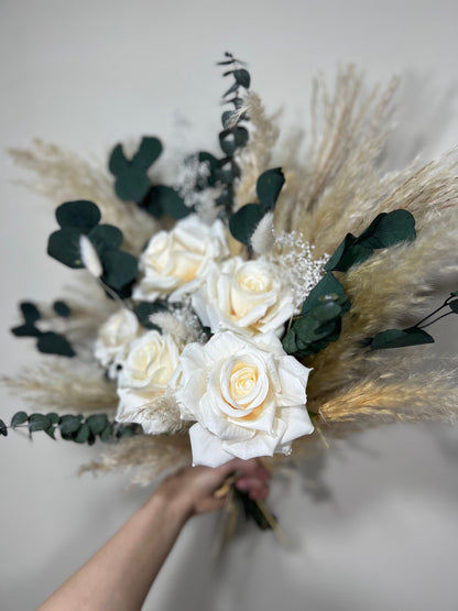 Wedding White Bouquet Bridal Boho Bouquet Pampas Grass Eucalyptus Bouquet Greenery Ivory Bridesmaids Bouquet Emerland Dried Flower