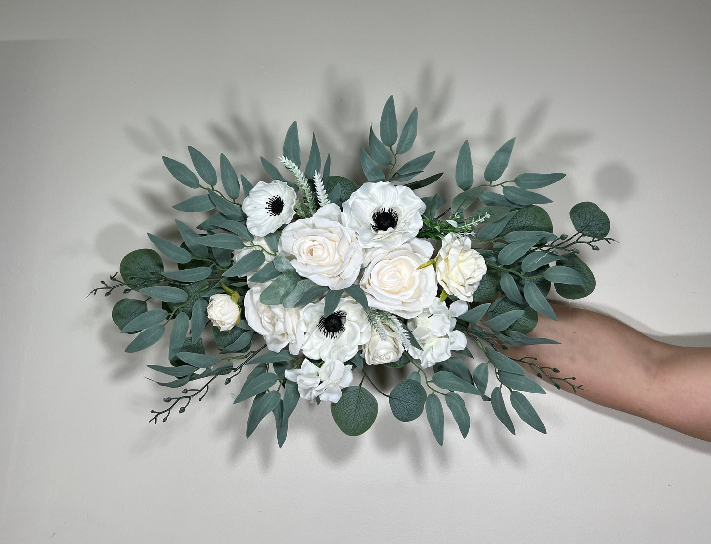 Wedding Black and White Corner Arch Arrangement Corner Anemone Arch Arrangement Ivory Black White Artificial Flower Eucalyptus Sage