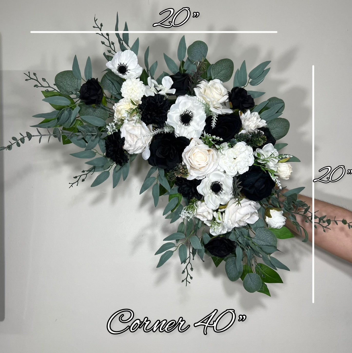 Wedding Black and White Corner Arch Arrangement Corner Anemone Arch Arrangement Ivory Black White Artificial Flower Eucalyptus Sage