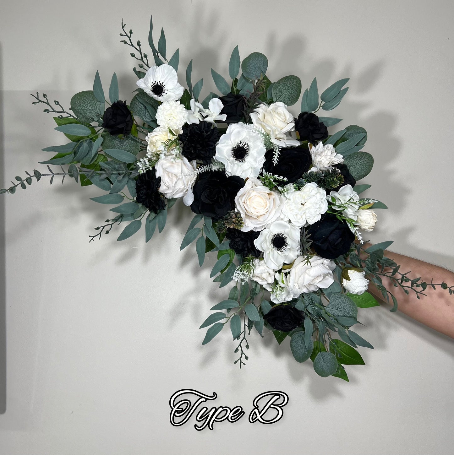 Wedding Black and White Corner Arch Arrangement Corner Anemone Arch Arrangement Ivory Black White Artificial Flower Eucalyptus Sage