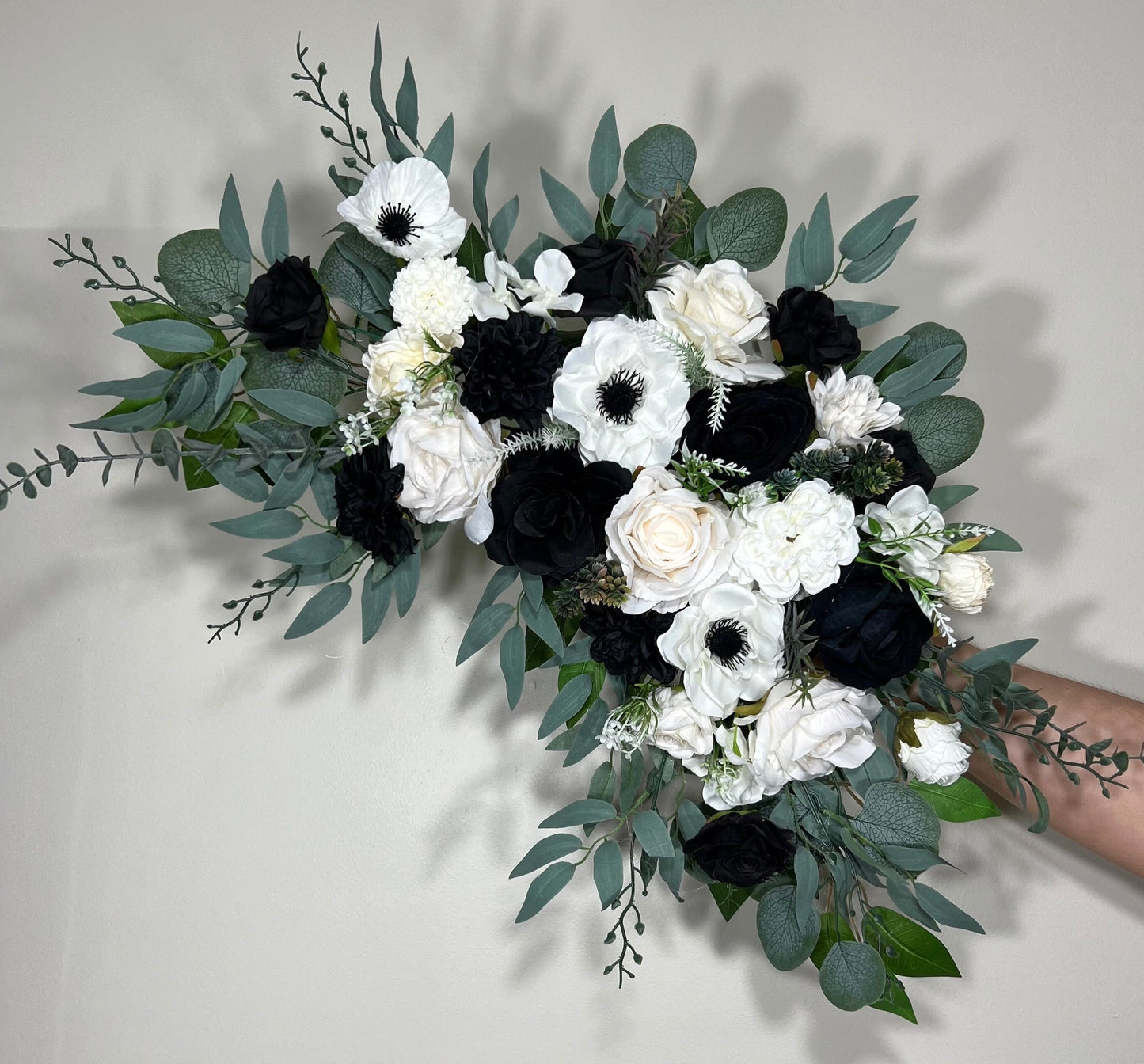 Wedding Black and White Corner Arch Arrangement Corner Anemone Arch Arrangement Ivory Black White Artificial Flower Eucalyptus Sage