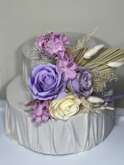 Cake Topper White Wedding Decor Purple Boho Cake Arrangements Lilac Wedding Palm Leave Pink Cake Decoration White Artificial Flowers