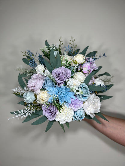 Wedding Bouquet Blue Bridal Rustic Light Purple Bouquet White Lavender Wild Flower Light Blue Eucalyptus Ivory Artificial Flower Lilac