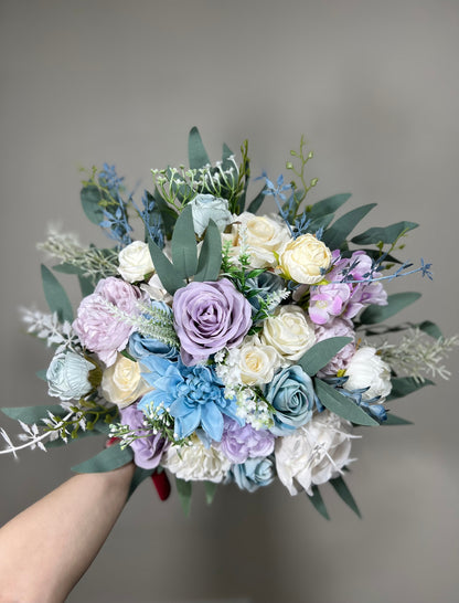 Wedding Bouquet Blue Bridal Rustic Light Purple Bouquet White Lavender Wild Flower Light Blue Eucalyptus Ivory Artificial Flower Lilac