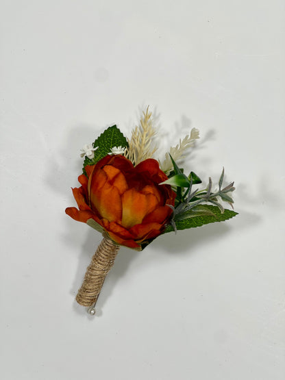 Rust Boutonniere Wedding Groom Burnt Orange Boutonnière Rust Groomsmen  Boutonnière Orange Groom Artificial Flowers Peony