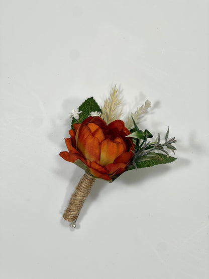 Rust Boutonniere Wedding Groom Burnt Orange Boutonnière Rust Groomsmen  Boutonnière Orange Groom Artificial Flowers Peony