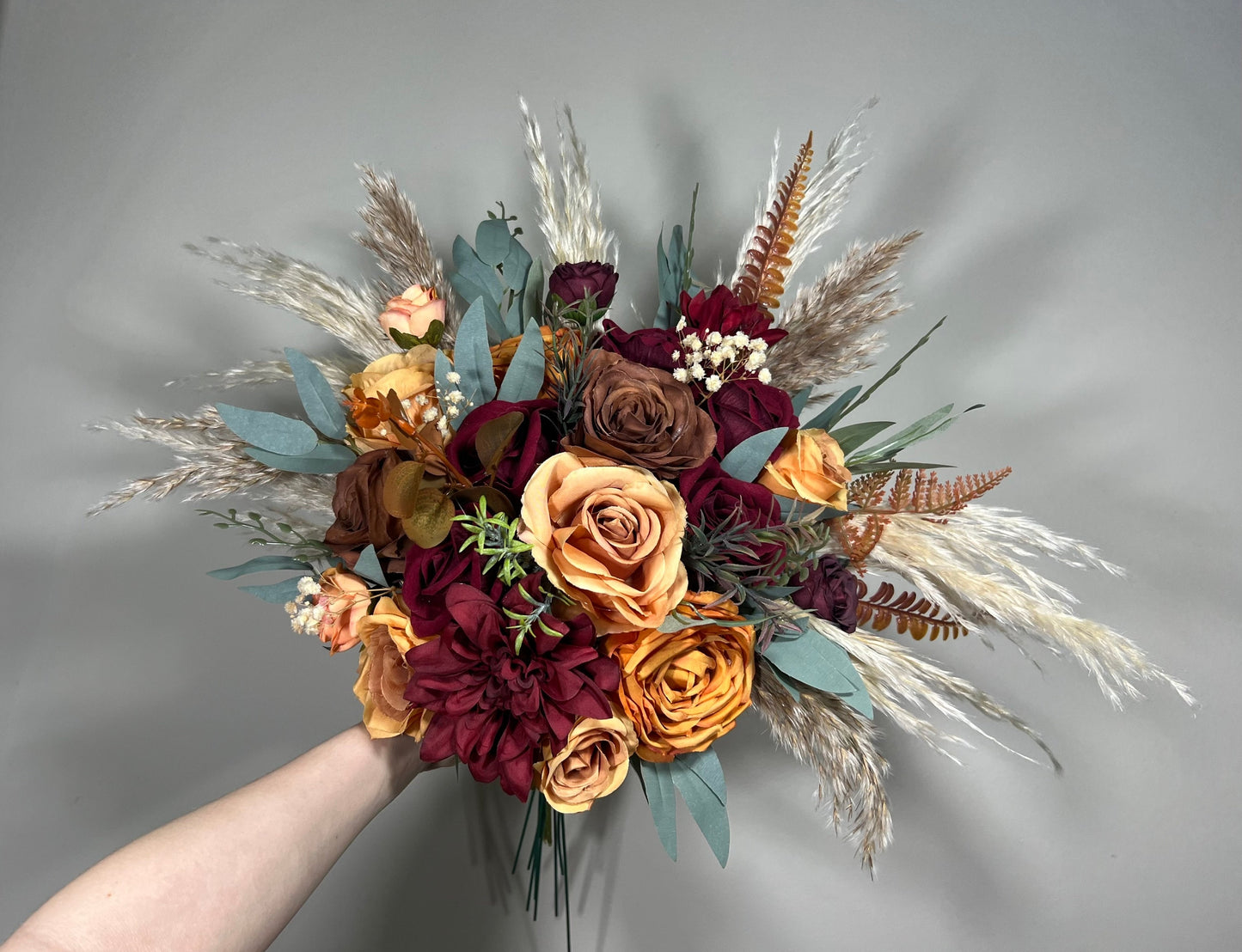 Wedding Bouquet Terracotta Rust Burgundy Burnt Orange Bouquet Bridal Fall Eucalyptus Baby Breath Pampas Grass Cinnamon Artificial Flower