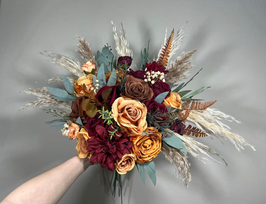 Wedding Bouquet Terracotta Rust Burgundy Burnt Orange Bouquet Bridal Fall Eucalyptus Baby Breath Pampas Grass Cinnamon Artificial Flower