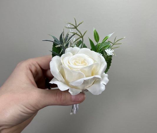 Wedding Boutonniere White Groom Wedding Groomsmen Boutonnière Ivory Artificial Flowers Eucalyptus White Rose Classic Boutonniere