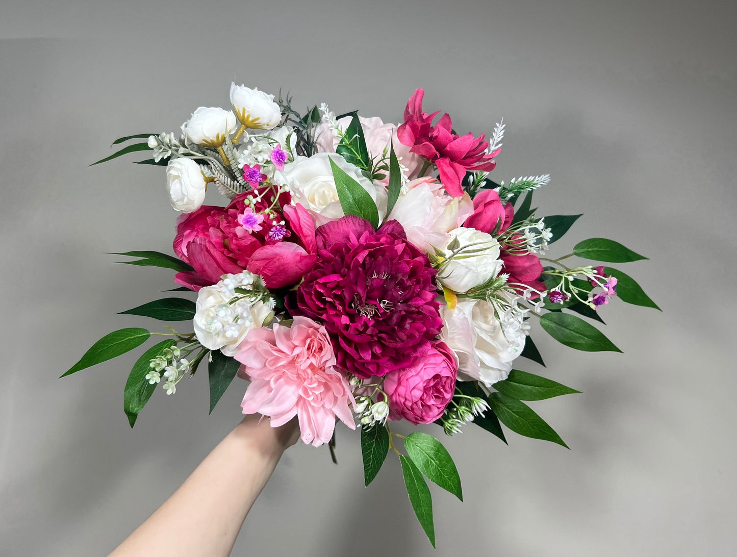 Wedding Fuchsia Bouquet Bridal Viva Magenta Bridesmaids Bouquet Hot Pink Deep Pink Neon Pink Bouquet White Artificial Flower Ivory