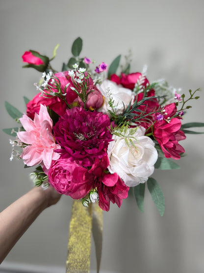 Wedding Fuchsia Bouquet Bridal Viva Magenta Bridesmaids Bouquet Hot Pink Peony Deep Pink Neon Pink Bouquet White Artificial Flower Wild